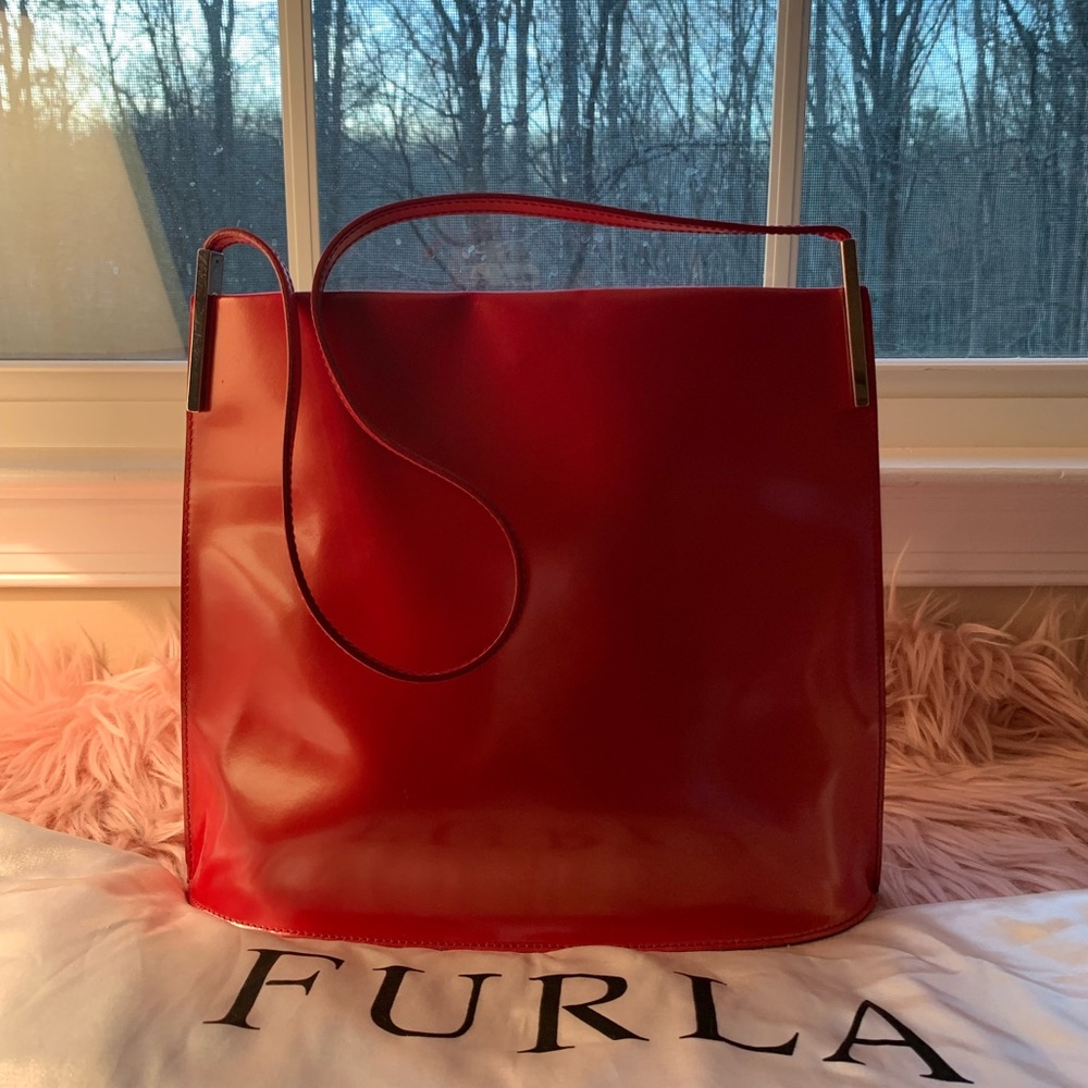 Authentic FURLA vintage patent leather shoulder bag in red